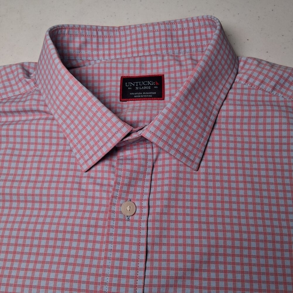 UNTUCKit Shirt Men Large Performance Stretch Short Sleeve Blue Pink Plaid - Picture 10 of 11